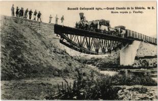 1905 Siberia, Grand Chemin / West Siberian railway bridge over the Ushayku river, locomotive