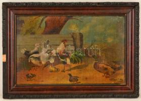Vastagh jelzéssel: Baromfiudvar. Olaj, karton, festék kopásokkal, sérült keretben, 30×47 cm