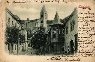 1904 Trencsén, Trencín; utcakép, Kegytemplom a Várdombon. Gansel Lipót 180. / street view, church, castle hill (r)