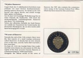 NSZK 1991. "750 éves Hannover" érmés, bélyeges borítékon T:PP