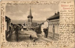 1901 Déva, Deva; utcakép, Református templom, Vármegyeháza. Kiadja Hirsch Adolf / street view, Calvinist church, county hall (EK)