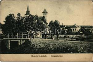1914 Százhalom, Hundertbücheln, Hondrubechi, Movile; utcakép, híd, Evangélikus erődtemplom / street view, bridge, Lutheran fortified church, castle church (EK)