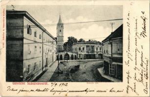 1902 Szászváros, Broos, Orastie; Iskola tér, Evangélikus templom, Gyógyszertár. Kiadja Schuller A. / School Square, Lutheran church, pharmacy (EK)