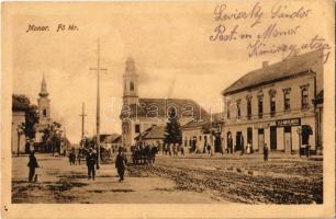 1917 Monor, Fő tér, templomok, Kerületi Hitelbank, Czegléd Városi Villamostelep (EK)