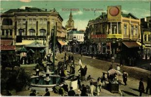 1913 Bucharest, Bucuresti; Piata Sf. Anton, La Globul Rosu, Panzarie si Manufactura / square, shops, market vendors (szakadás / tear)