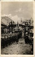 1938 Losonc, Lucenec; bevonulás, Éljen Magyarország!, magyar zászlós és címeres kapu / entry of the Hungarian troops, decorated gate with Hungarian flags and coat of arms + 1938 Losonc visszatért So. Stpl