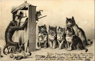1903 Cats watching the monkeys puppet show. Emb. litho