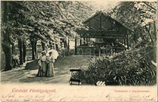 Feredőgyógy, Fürdőgyógy, Algyógyfürdő, Geoagiu-Bai, Feredeu; park és táncterem, napernyős hölgy. Adler fényirda / park and dance pavilion