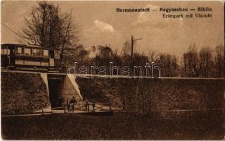 Nagyszeben, Hermannstadt, Sibiu; Villamos viadukt az Erlen parkban. F. Binder kiadása / Viadkut der elektrischen Strassenbahn / tram viaduct in the park
