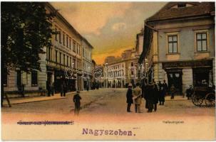 Nagyszeben, Hermannstadt, Sibiu; Disznódi utca, Julius Wermescher és Carl Landmann üzlete, Transsylvania szálloda / Heltauergasse / street, shop, hotel