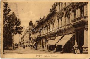 1917 Szeged, Széchenyi tér, Lányi cukrászda, üzletek, villamos. Photobrom - képeslapfüzetből / from postcard booklet (EK)