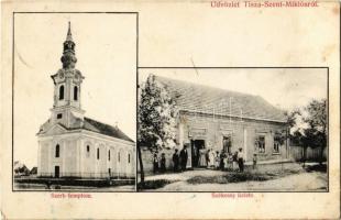 1912 Tiszaszentmiklós, Ostojicevo; szerb templom, Székessy Ede üzlete és saját kiadása / Serbian church, shop (Rb)