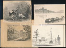 9 db különféle nyomat, rézkarc: illusztrációk, látképek, stb., különböző méretben