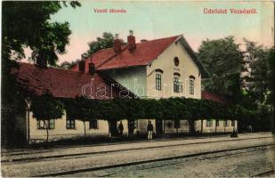 1907 Vecsés, Vasútállomás, vasutasok. Kiadja Herbacsek H. és fia