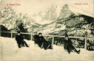 Tátra, Vysoké Tatry; Tobbogán indulás télen. Divald Károly 1401-1907 / sledding in winter