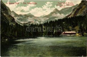 Tátra, Vysoké Tatry; Poprádi tó, menház. Divald Károly 1445-1907 / Popradské pleso / lake and rest house