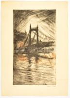 Szőnyi István (1894-1960): A régi Erzsébet-híd (Híd). Színezett rézkarc, papír, jelzett, 49×28 cm
