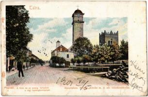 1901 Poprád (Tátra, Tatry); Fő tér, evangélikus templom, régi harangtorony. Feitzinger Ede 68 bt. / main square, church, old bell tower (Rb)