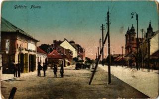 Galánta, Galanta; Fő utca, üzlet, templom / main street, shop, church (kopott sarkak / worn corners)