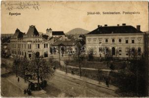 1917 Eperjes, Presov; Jókai tér, Szeminárium, Posta palota, piaci árusok / square, seminary, post office, market vendors (szakadás / tear)
