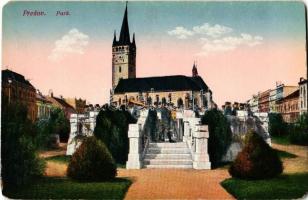 Eperjes, Presov; Park katonai zenekarral, Szent Miklós dóm / park with military music band, cathedral (EM)