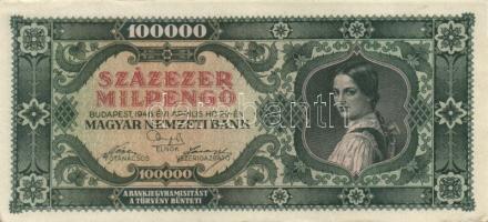 1946. 100000MP(2x) kevés ugrású sorszámokkal, erősebben elcsúszott számozással T:I-