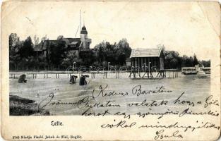 1904 Balatonlelle, Lette; Balaton part fürdőkabinnal, mosóasszonyokkal és gőzhajóval. Fischl Jalakb és fiai kiadása (szakadás / tear)