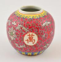 Jelzett kínai Famille rose váza, kézzel festett, hibátlan, m:9,5 cm