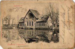 1905 Losonc, Lucenec; Csónakázó tér, tó és pavilon. Kiadja Redlinger / rowing club, pavilion, lake (EM)