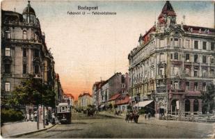 Budapest XI. Fehérvári út (ma Bartók Béla út eleje), Gellért Kávéház, Sörcsarnok és vendéglő, villamos, Gebauer József üzlete, Egyesült Budapesti Fővárosi Takarékpénztár, építkezés. Taussig 171. 1918/21.