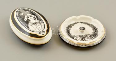 Hollóházi Jurcsák László által tervezett mintával díszített porcelán dobozka és hamutál, jelzett, kopásnyomokkal, 14×9×4,5 cm, d: 12 cm