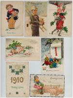 14 db RÉGI újévi üdvözlő motívumlap, 4 malacos lap / 14 pre-1945 New Year greeting art motive postcards, 4 pig themed