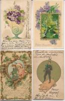 26 db RÉGI üdvözlő motívumlap: sok dombornyomott és litho / 26 pre-1945 greeting art motive postcards: many embossed and litho