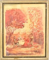 Batthány jelzéssel: Kerti teázgatás. Akvarell, papír (kis szakadásokkal), üvegezett keretben, 30×22 cm