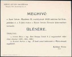 1929 Bp. VIII., Meghívó a Szent István Akadémia ülésére