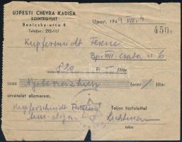 1949 Az újpesti chevra kadisa igazolása 820 Ft befizetéséről
