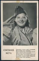 1942 Kiss Manyi: Csicskás nóta, Filmbolt fotólap, rajzszög ütötte lyukkal, 13,5×8,5 cm