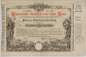 Ausztria / Bécs 1882. Osztrák Vöröskereszt kötvénye 10G értékben, szárazpecséttel, M. KIR. ADÓHIVATAL SOPRONBAN felülbélyegzéssel T:III