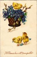 Kellemes húsvéti ünnepeket / Easter greeting art postcard with chicken and flower