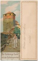 Nürnberg, Nuremberg; Grüsse aus der fünfeckige Turm mmit der Folterkammer. Eisernes Jungfrau / E. Ni...