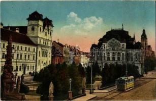 Kassa, Kosice; Jezsuita templom, nemzeti színház, villamos / Jezuitsky kostel, národná divadlo / church, theatre, tram (fa)