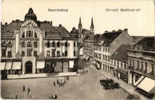 1926 Szombathely, Horváth Boldizsár tér, Takarékpénztár, Hirschler, Fischer, Weiss Vilmos és Márton Csipke áruháza, üzletek (EK)