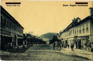 Székelyudvarhely, Odorheiu Secuiesc; Kossuth utca, fodrász, Bogdán és fia üzlete. Erdélyi Simon kiadása, W.L. (?) 1755. / Bulev. Regele Ferdinand / street, hairdresser, shops 1940 Székelyudvarhely So. Stpl (szakadás / tear)