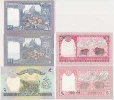 Nepál 1974. 1R (2x) + 1981. 2R + 1987. 5R + 2002 5R T:I,I-. 
Nepal 1974. 1 Rupee (2x) + 1981. 2 Rup...