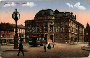 1915 Pozsony, Pressburg, Bratislava; Városi színház, villamos, üzletek, utcai óra / theater, tram, shops, street clock (EK)