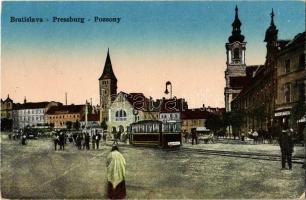 Pozsony, Pressburg, Bratislava; utca, villamos, üzletek / street, tram, shops