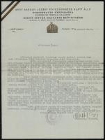 1933 Bp., Gróf Károlyi József fővédnöksége alatt álló Foederatio Stephanea Egyetemi és Főiskolai Hallgatók Szent István Bajtársi Szövetsége fejléces levélpapírjára írt levél