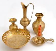 Réz tárgyak: tál, sétagyertyatartó, vázák ( 3 db), összesen: 5 db, m: 10-26 cm