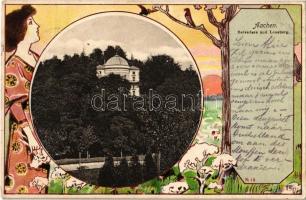 Aachen, Belvedere und Louisberg. Art Nouveau, floral, lady, litho (Rb)