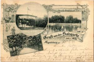 1899 Magdeburg, Gruss von der Salzquelle Inh. C. Wille, Luftcurort / spa. Art Nouveau, flora, tennis (cut)